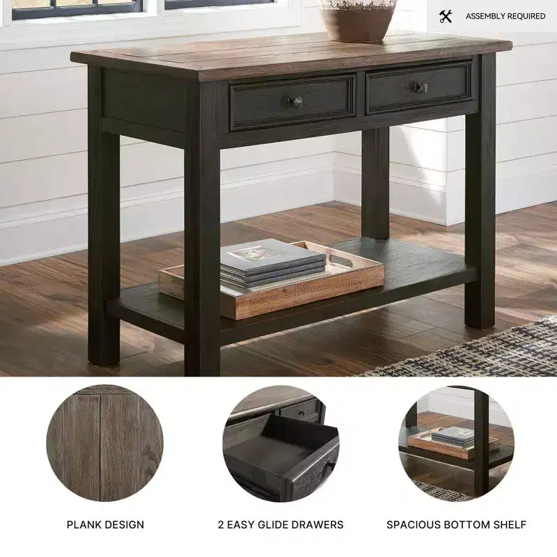 Table console de canapé de style moderne du milieu du siècle Tyler Creek, marron grisâtre/noir, étagère ouverte et tiroir de rangement