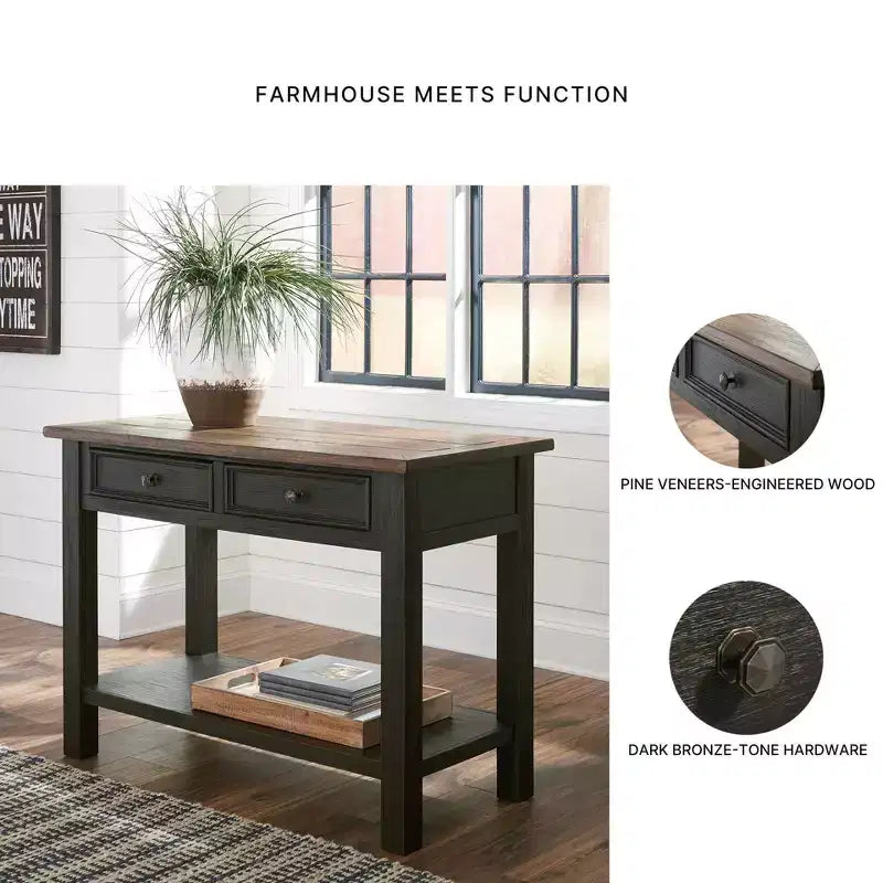 Table console de canapé de style moderne du milieu du siècle Tyler Creek, marron grisâtre/noir, étagère ouverte et tiroir de rangement