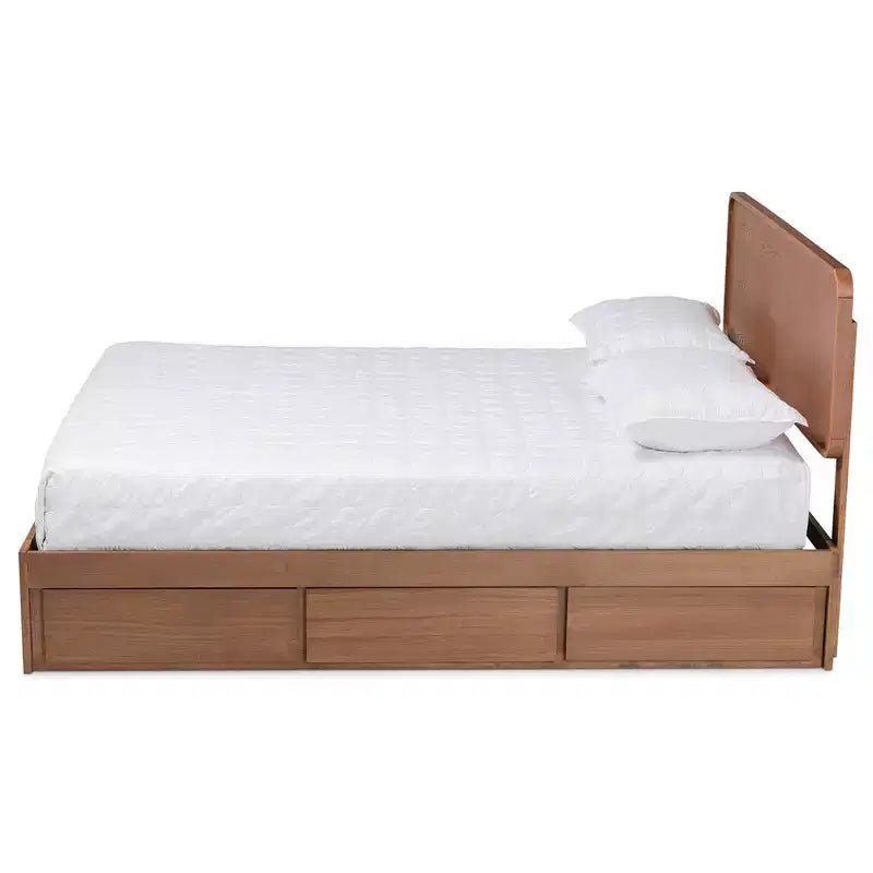 Lit plateforme de rangement complet moderne en bois à 3 tiroirs, noyer/marron