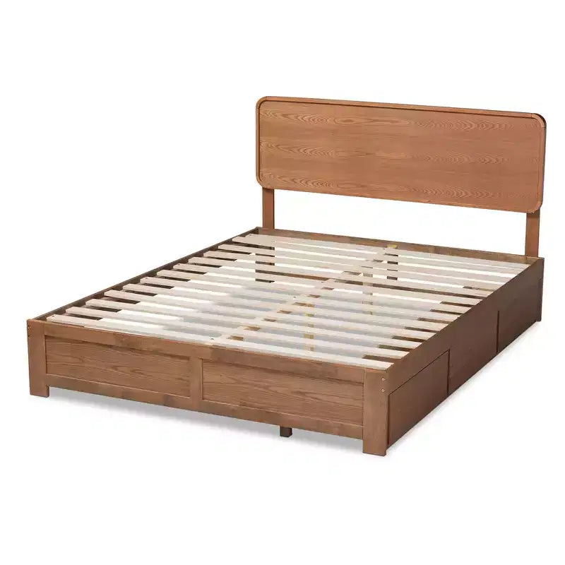 Lit plateforme de rangement complet moderne en bois à 3 tiroirs, noyer/marron