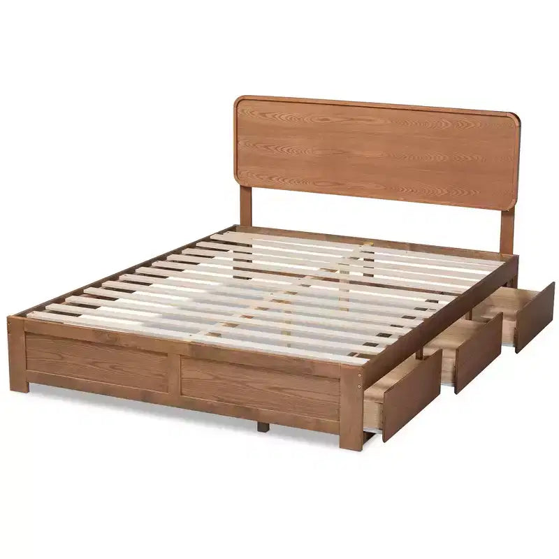 Lit plateforme de rangement complet moderne en bois à 3 tiroirs, noyer/marron