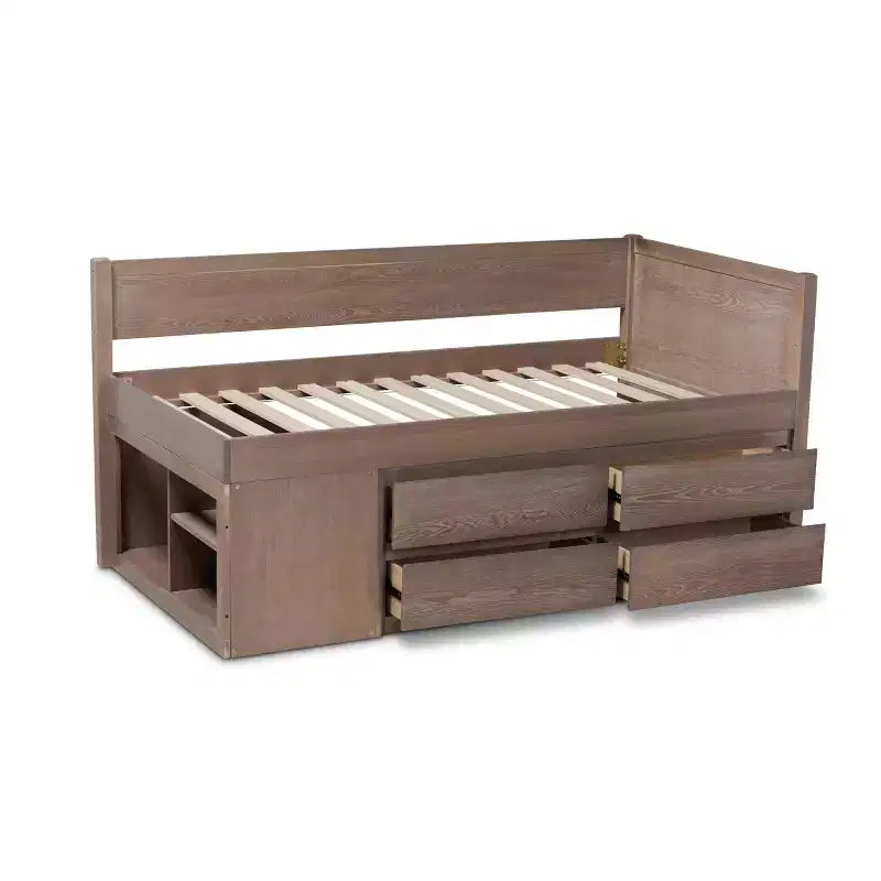 Lit de rangement double en bois à 4 tiroirs au fini chêne antique