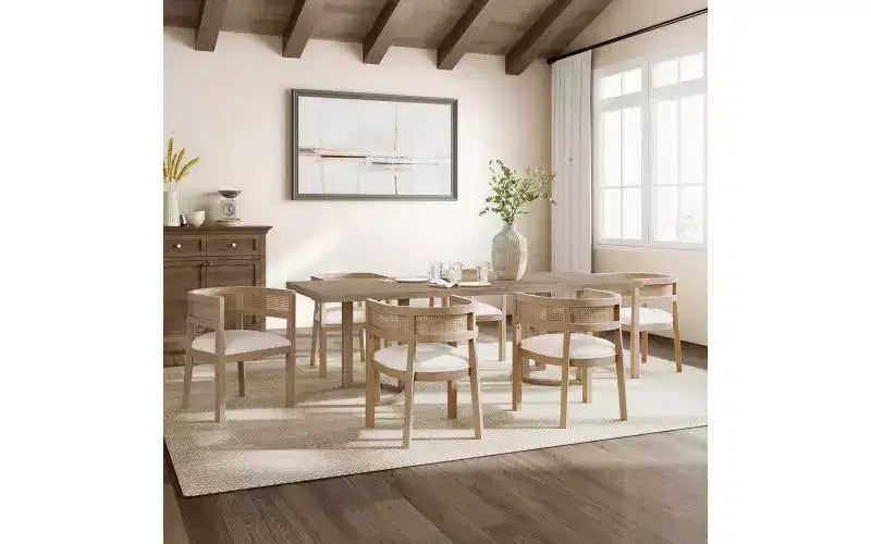 Ensemble de salle à manger Avery 7 pièces en cannage, hévéa et tissu d'ameublement